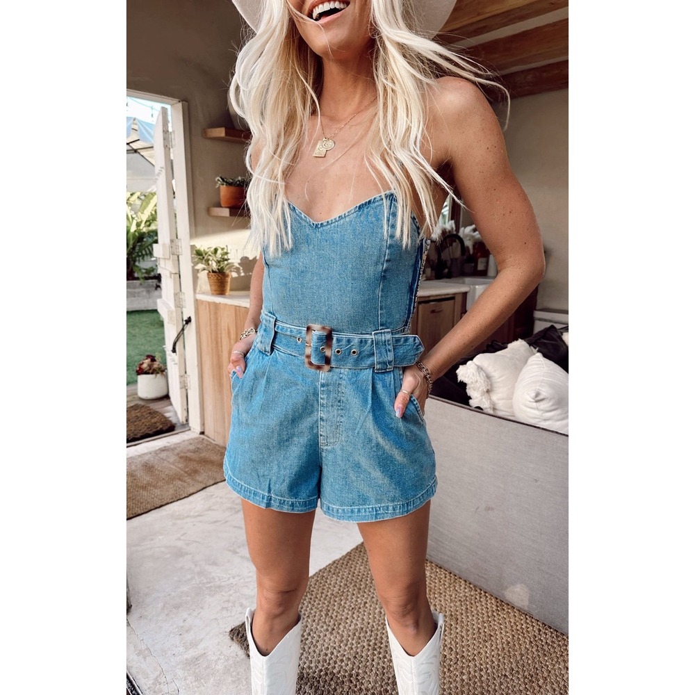 Show Me Your Mumu Sloane Denim Romper Spring Blue Belted Size L Cowgirl
